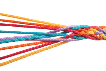 Braided colorful ropes on white background. Unity concept