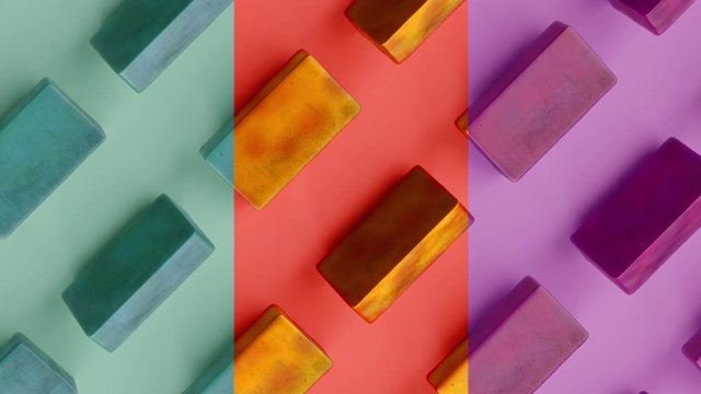 (3 in 1/Loopable) A Seamless Crab to the Bottom Right of Handmade Aqua Menthe, Lava Lush, and Purple Wine Colored Soap Bars on Pastel Colored Background, A Concept of Mass Production, Luma Matte Incl.