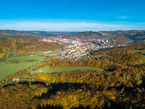 Vsetin - panorama of the town in Beskydy from the top.