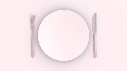 Empty plate with fork and knife on white table, 3D-rendering