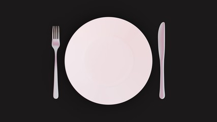 empty plate with knife and fork on black table, 3D-rendering