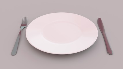 empty plate with fork and knife on white table, 3D-rendering