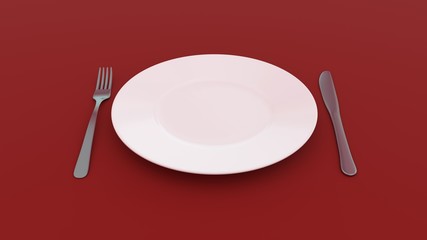 empty plate with fork and knife on red table, 3D-rendering