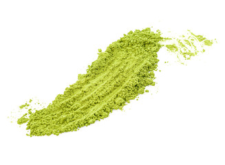 Green matcha powder on white background. Matcha made from finely ground green tea powder. Eat healthy because of high antioxidants. - obrazy, fototapety, plakaty