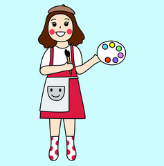 Happy smiling little girl artist character hold pastel color palettes and brush who wear the red dress and the brown hat on her head picture. Vector flat doodle cartoon illustration background