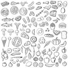 Big hand-drawn set of food. Isolated objects on a white background.