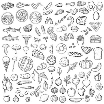 Big hand-drawn set of food. Isolated objects on a white background.