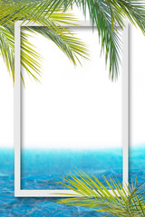 of sun light and leaf palm. Golden sand beach close-up, sea water, blue sky. Copy space, summer vacation concept