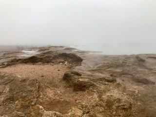 Scenic autumn / winter landscape with mud, bushes, fog, boiling water and ice around geothermal area of The Great Geysir in Iceland: natural landmark of the Golden Circle
