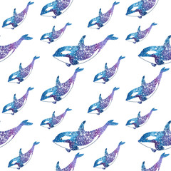 Cute seamless pattern with whales, killer whales in space. Whales among planets and stars. magic Night sky. Watercolor children background. Printing on fabric, paper, clothing, web page background
