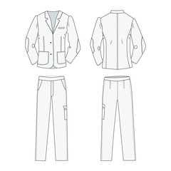 Clothing set sketch. Men's suit pants and a jacket. Front and back view. Sketch in a flat style. Men's clothes vector illustration.