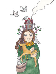girl with forest animals, watercolor illustration