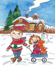 watercolor illustration with children, a boy rides a girl on a cart, winter festivities