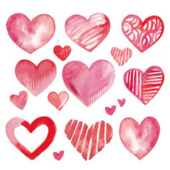 set of hearts, collection of watercolor hearts for Valentine's day