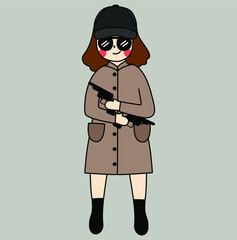 Secret agent woman, little girl the spy of intelligence service, lady trendy detective wear the beige coat and the black cap picture. Vector flat doodle cartoon illustration background