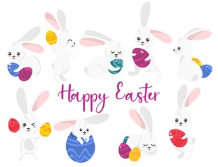 Easter rabbits character set with colourful eggs vector illustration. Collection of bunnies in various poses holding decorative symbols cartoon design. Holiday concept. Isolated on white background
