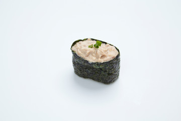 Tuna Salada (tuna salad) maki on white background.