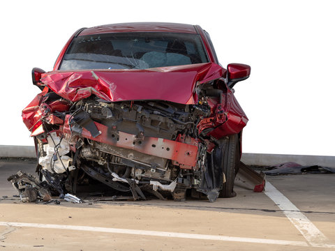 Red Car In An Accident,white Background.