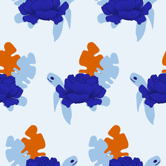 Fototapeta premium seamless pattern design with blue turtle and orange and light blue leaves