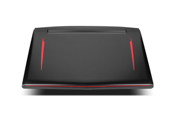 Front view of gaming laptop on white isolated background. Laptop designed for gamers or professional players or 3d rendering