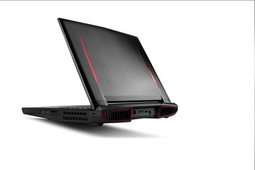 Back view of gaming laptop on white isolated background. Laptop designed for gamers or professional players or 3d rendering