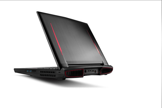 Back View Of Gaming Laptop On White Isolated Background. Laptop Designed For Gamers Or Professional Players Or 3d Rendering