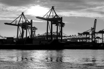 Hamburger Hafen Kran Kräne Container Terminal Elbe Deutschland Sonne Gegenlicht Silhouetten Technik Transport Verkehr Globalisierung Automatisierung Wirtschaft Austausch Übersee Kai Wolken Stimmung