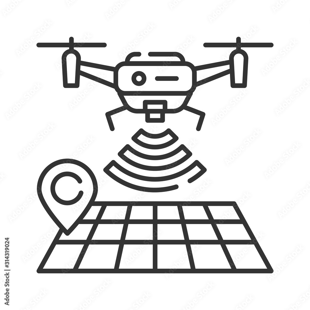 Poster drone tracking black line icon. gps navigation symbol. interactive map and quadcopter. aircraft devi