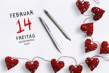 reminder for Valentine's Day 2020 in German on paper background
