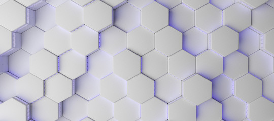 white futuristic hexagon cylinder pattern with blue lights - 3D Illustration