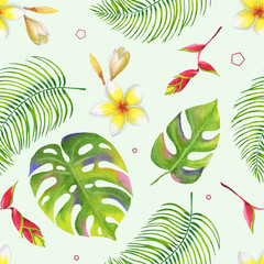 Funny jungle seamless pattern with geometric elements, leaves and flowers of tropical plants: monstera, palm leaves, plumeria, heliconia.