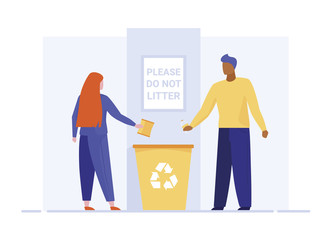Man and woman throwing litter in recycling bin