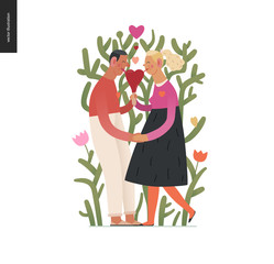 Couple in love - Valentines day graphics. Modern flat vector concept illustration - a young hetoresexual couple licking a heart shaped ice cream, a plant behind. Cute characters in love concept