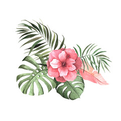 Watercolor tropical flowers, leaves and plants - 314319657