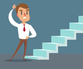 Vector career concept in flat style - cartoon man in front of the staircase to success and progress