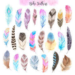 Watercolor boho feathers collection