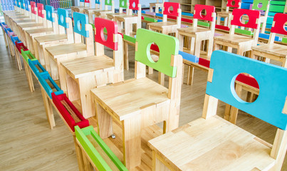 Desks and chairs in the kindergarten classroom.