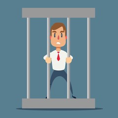 Sad businessman in office suit in prison behind the bars with metal ball chained to his leg. Financial crime concept. Flat vector cartoon illustration.