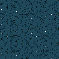 A seamless vector pattern with lines and dots forming hexagonal shapes. Surface print design.