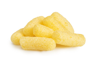 A few yellow, crunchy corn snacks on white background