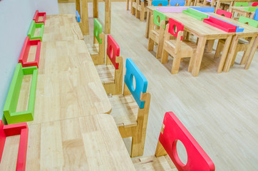 Desks and chairs in the kindergarten classroom.