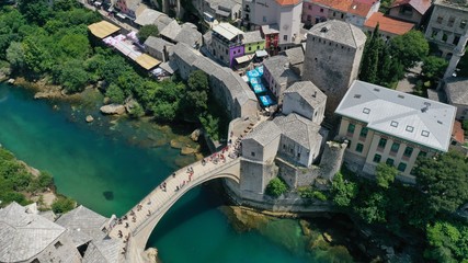 Aerial view of Stari Most old medieval bridge in Mostar, Neretva river, Bosnia and Herzegovina....