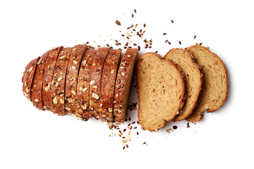 A loaf of sliced bread with oats and flax seeds
