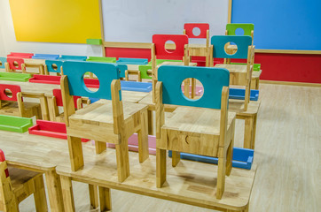 Desks and chairs in the kindergarten classroom.