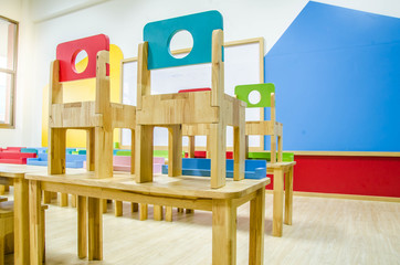 Desks and chairs in the kindergarten classroom.