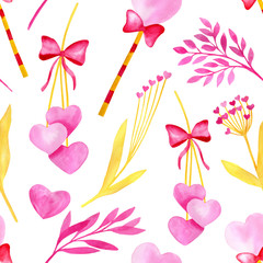 Watercolor Saint Valentines Day seamless pattern. Hand drawn fairy wand with red bow, golden leaves, plants, flowers and pink hearts isolated on white. Cute bacldrop for cards, decoration, wrapping.