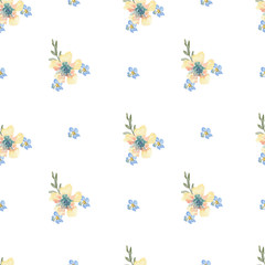 Seamless pattern of watercolor yellow and blue flowers on a white background. Use for invitations, birthdays, menu
