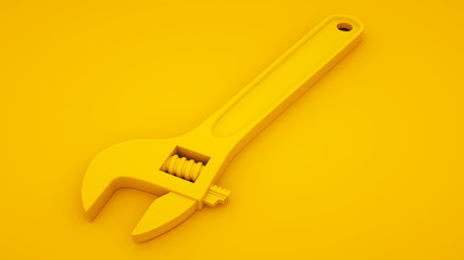 Adjustable wrench on yellow background. Minimal idea concept, 3d illustration