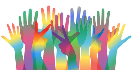 world day of cultural diversity concept banner or poster with many colorful human hands, stock vector illustration