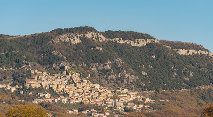 Panorama of Pesche, common in the province of Isernia, in Molise, perched along the steep slopes of...